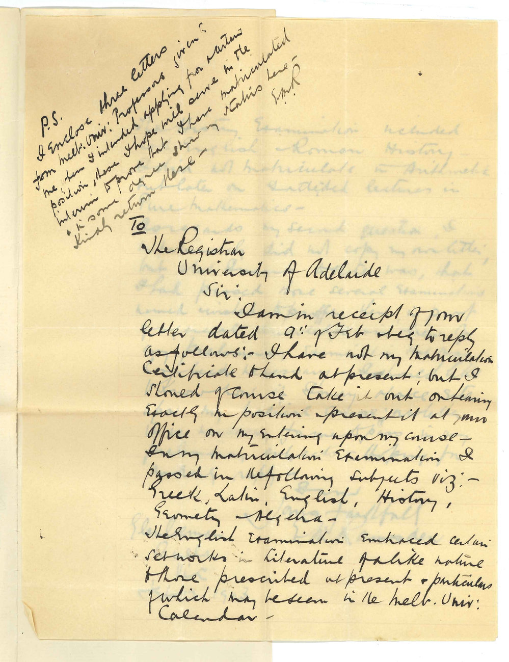 E M Ramsden - Buella Victoria - Admission to MB Course and stating subjects passed in Melbourne Matriculation Exam