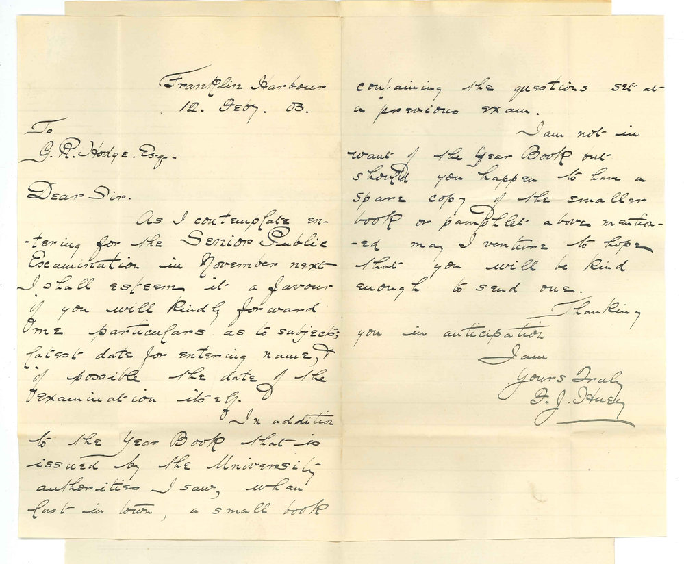 F J Huey - Franklin Harbour - Requesting information of Senior Public Exam