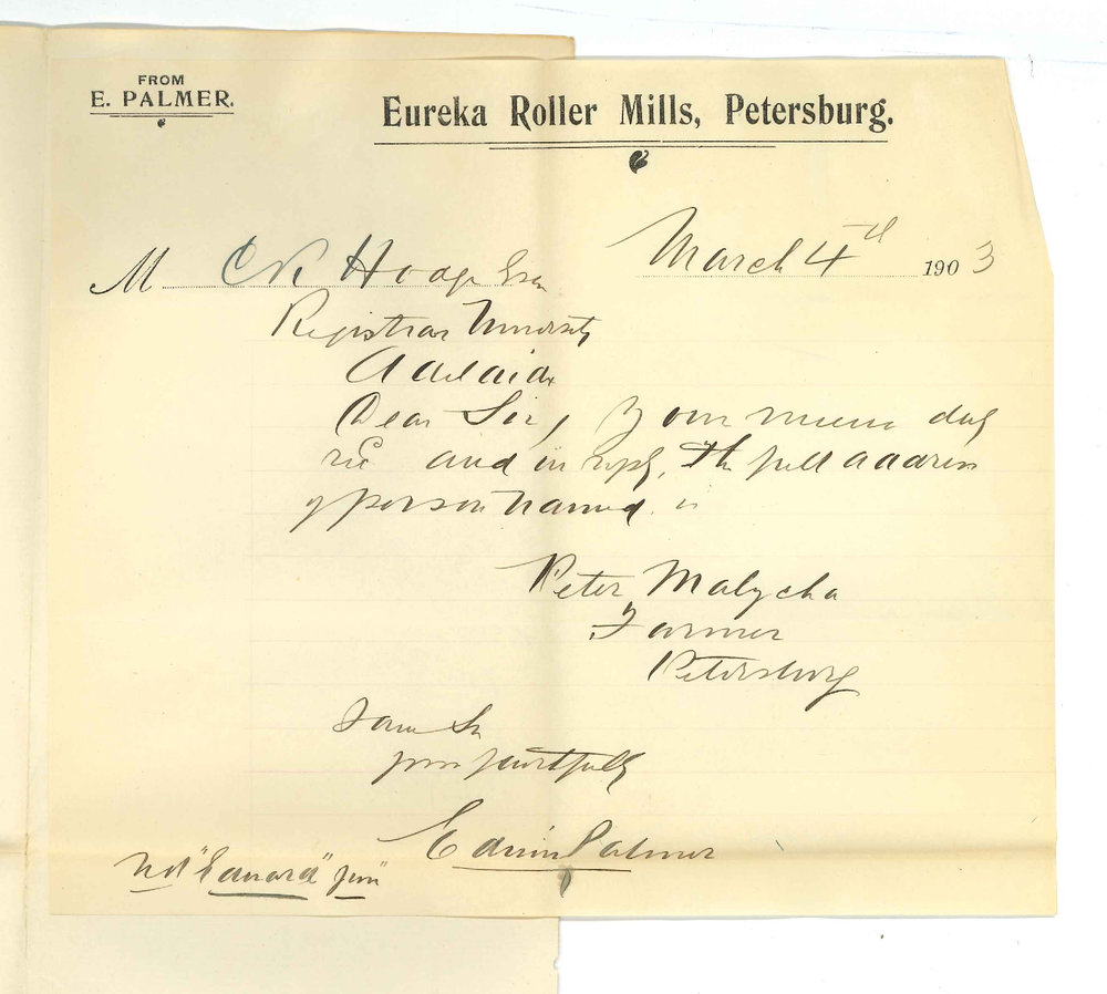 P Malycha - Eureka Roller Mills - E Palmer - Petersburg - Stating full name of occupation of Mr Malycha