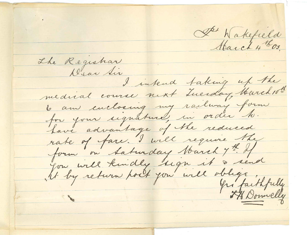 J H Donnelly - Requesting railway certificate signed and intents to enter Medical course on 6 March