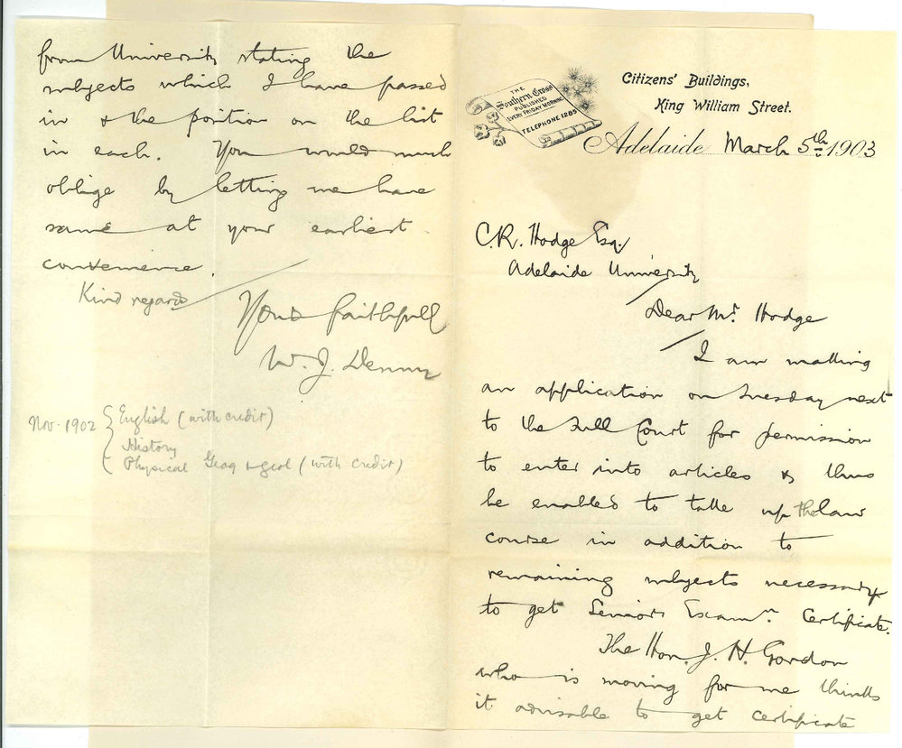W J Denny MP - Adelaide - Requesting certificate for pass in Junior Nov 1902