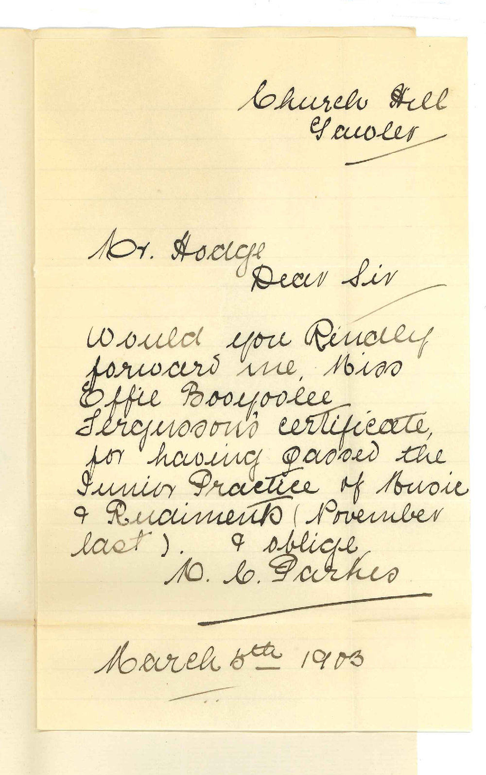 Miss M C Parkes - Gawler - Requesting music certificates