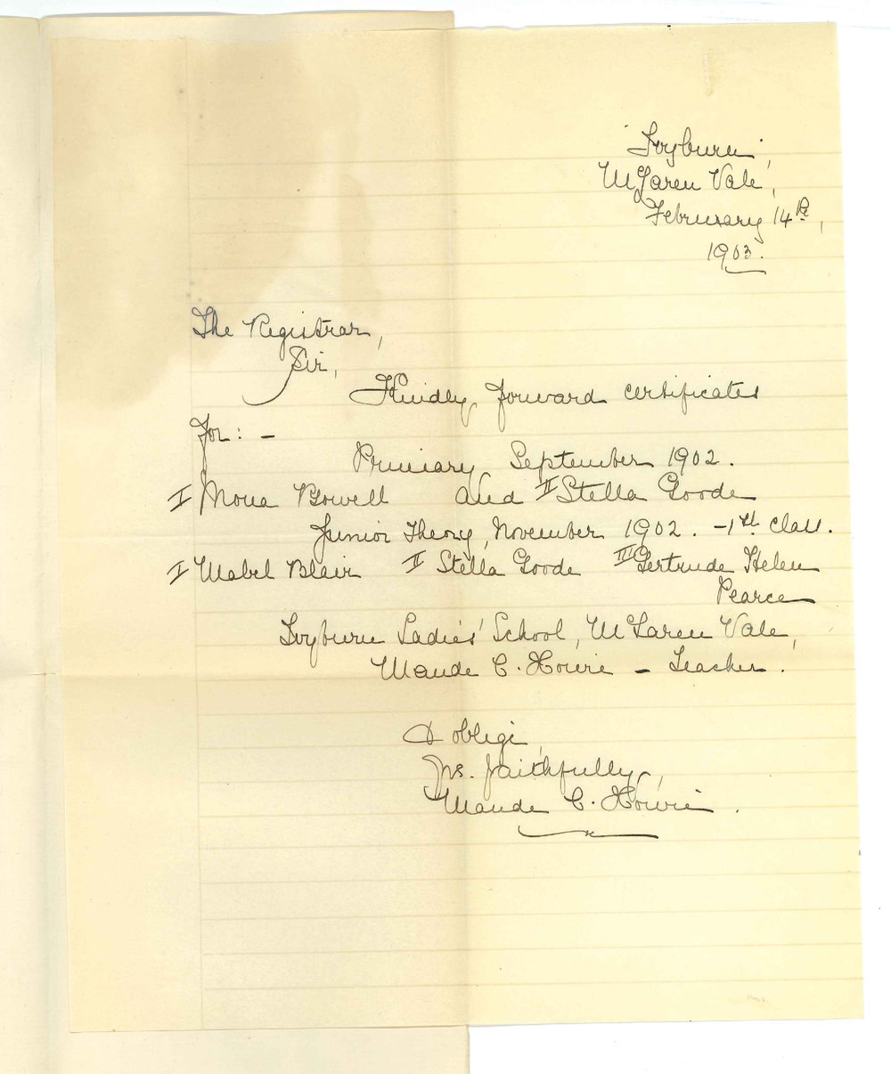 Miss Maude C Howie - McLaren Vale - Requesting Certificates Music Exams