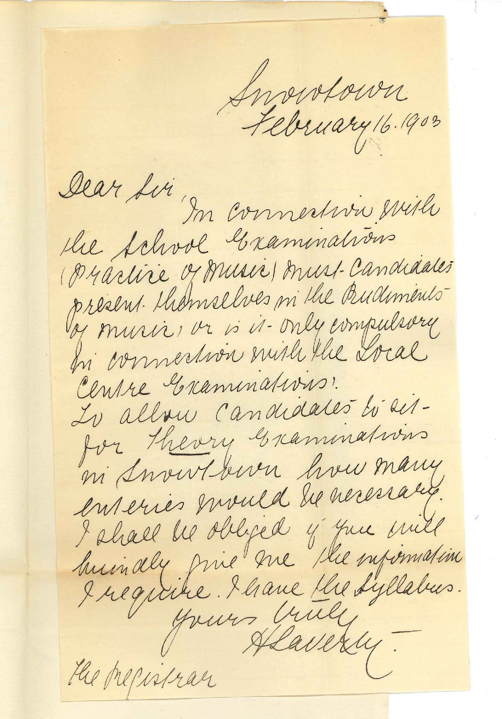 Miss H Laverty - Snowtown - Requesting information of Music Examinations