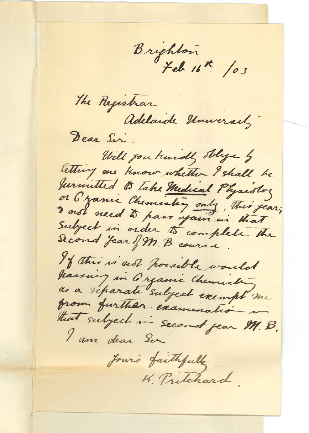 K Pritchard - Brighton - Concerning second year of MB Course