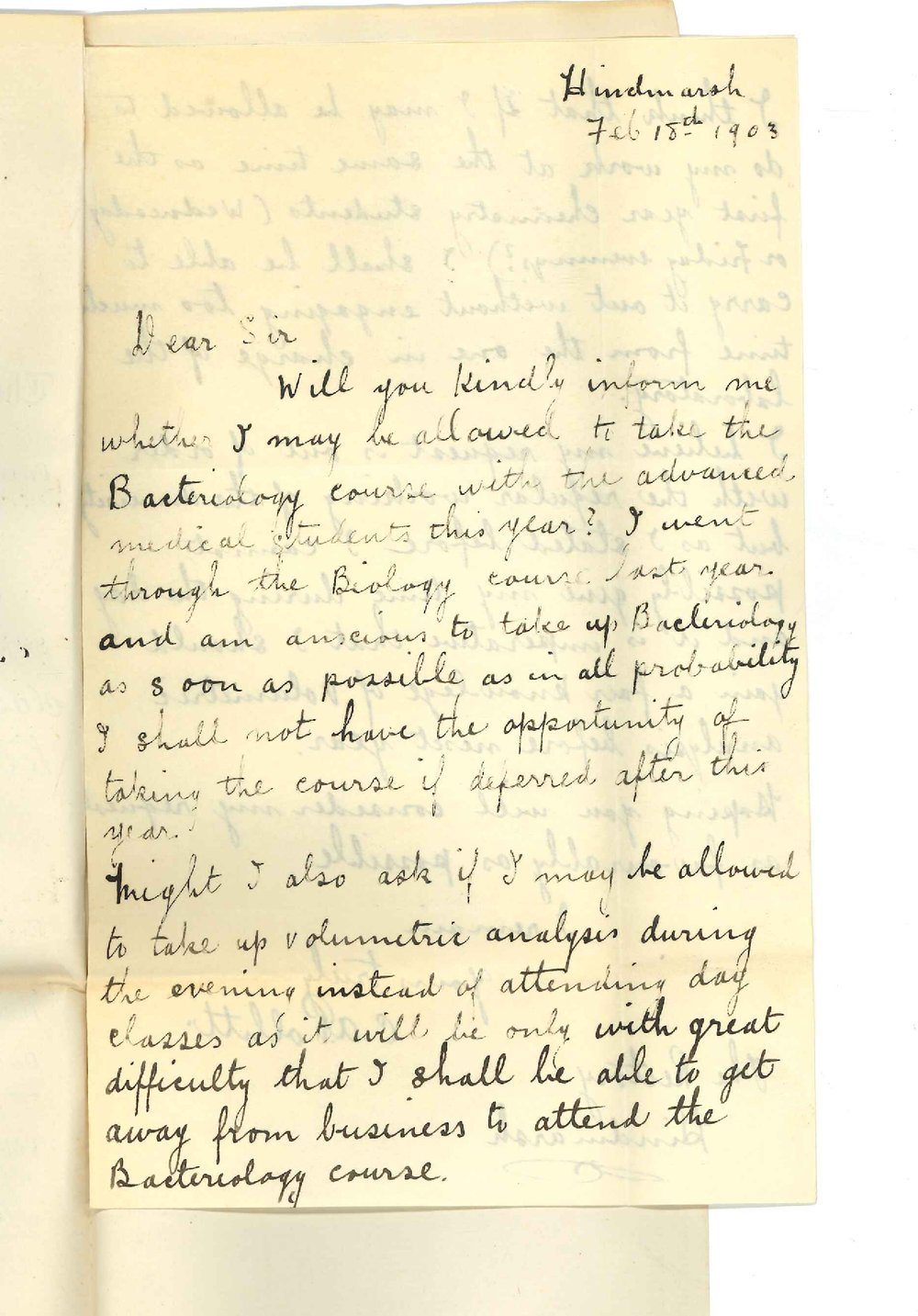 C A Pollett - Hindmarsh - Permission to attend classes on Bacteriology and Volumetric Analysis