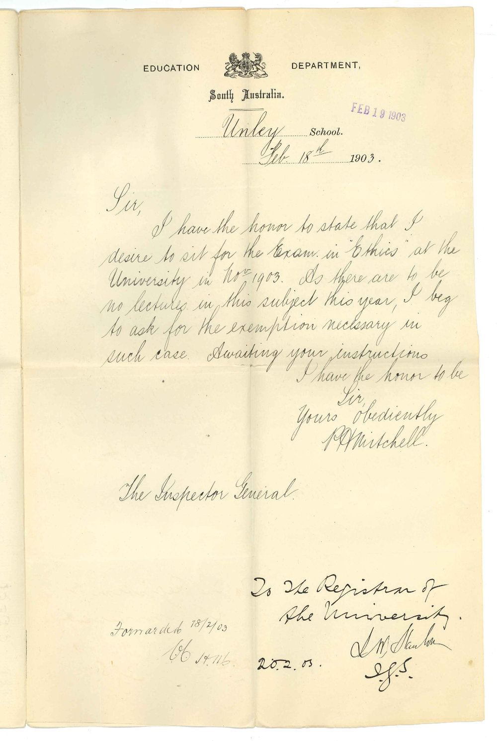 P H Mitchell - Unley - Exemption from attendance at lectures