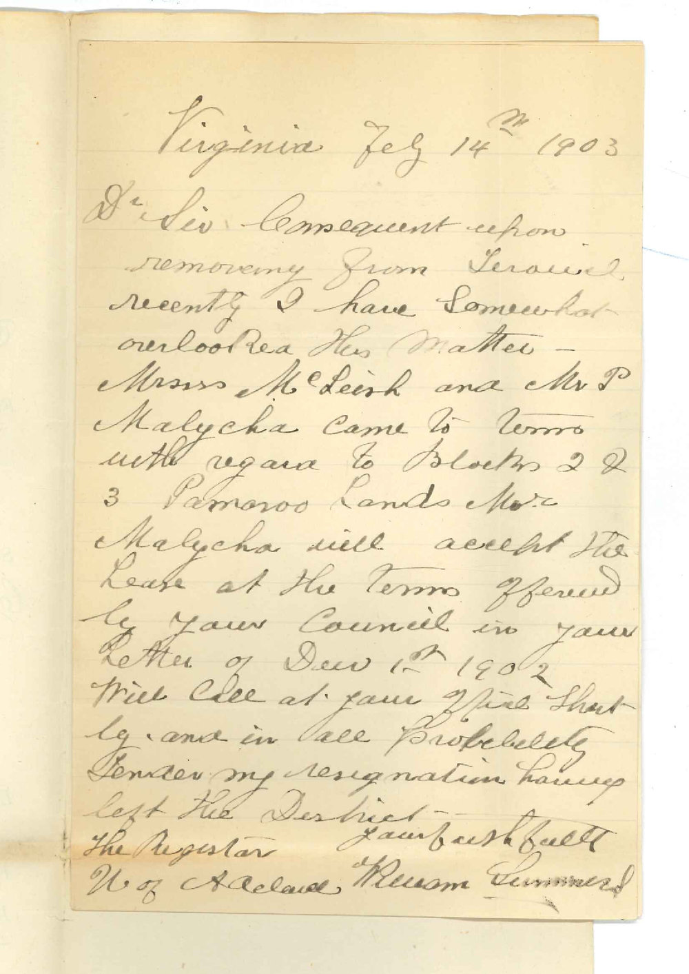 William Summers - Virginia SA - Concerning Mr Malycha Leasing McLeish Lands