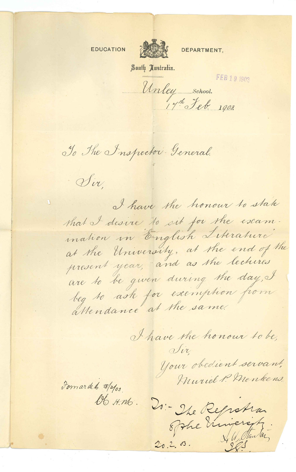 Miss Muriel P Menkens - Unley - Exemption from attendance at Lectures