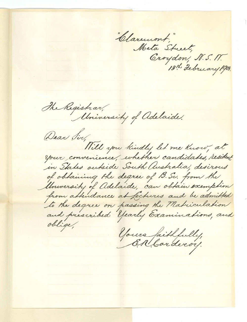 E N Corderoy - Croydon NSW - Concerning BSc Course