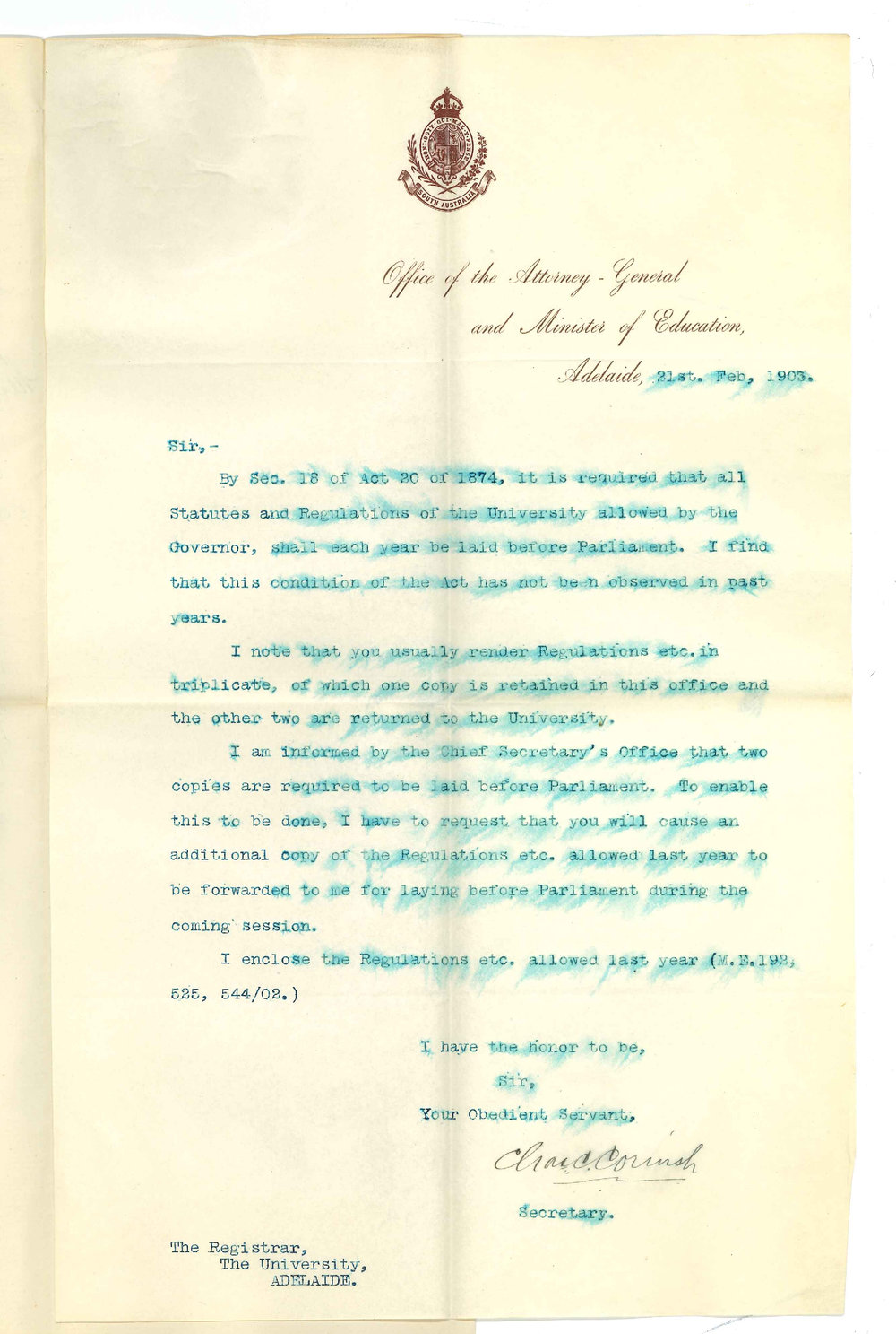 Charles C Cornish - Secretary - Minister of Education and Attorney General - Concerning duplicate copies of Regulation etc