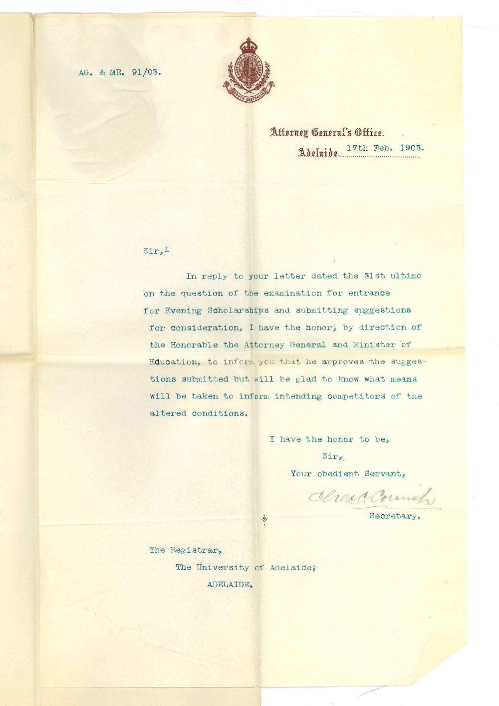 Charles C Cornish - Secretary Minister of Education and Attorney General - Approving suggestions Examination for Evening Scholarships