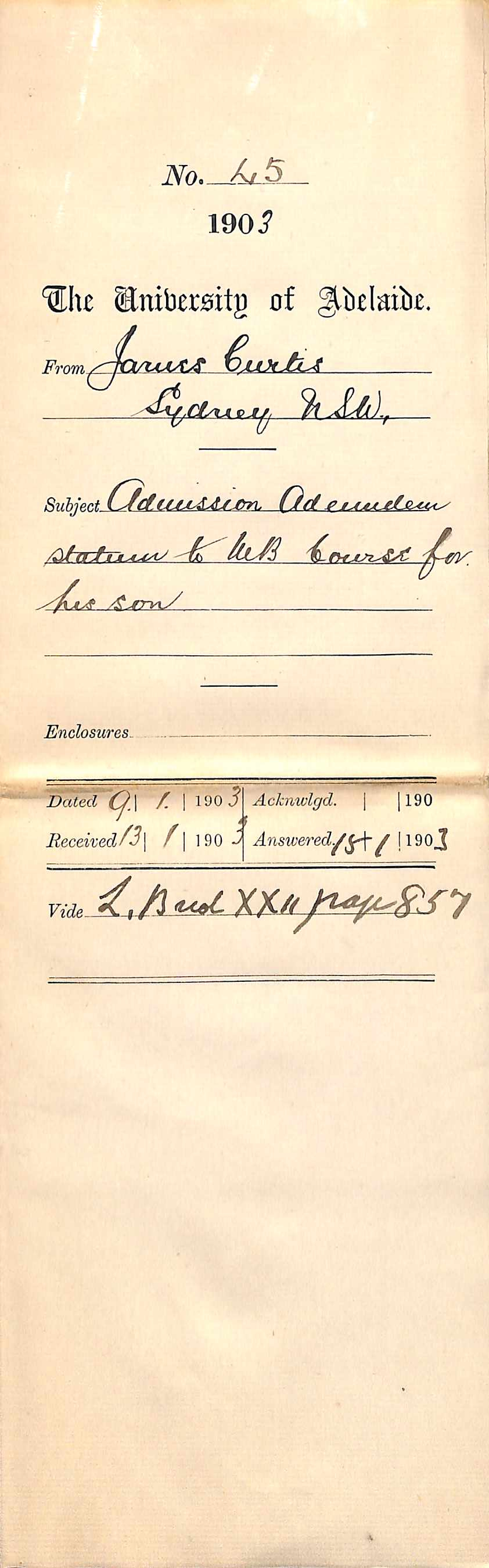 James Curtis - Sydney NSW - Admission ad eundem statum to MB Course for his son