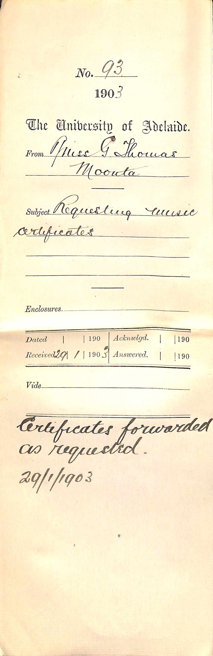 Miss Genevieve Thomas - Moonta - Requesting music certificates for James Wilton and Albie Uffindell