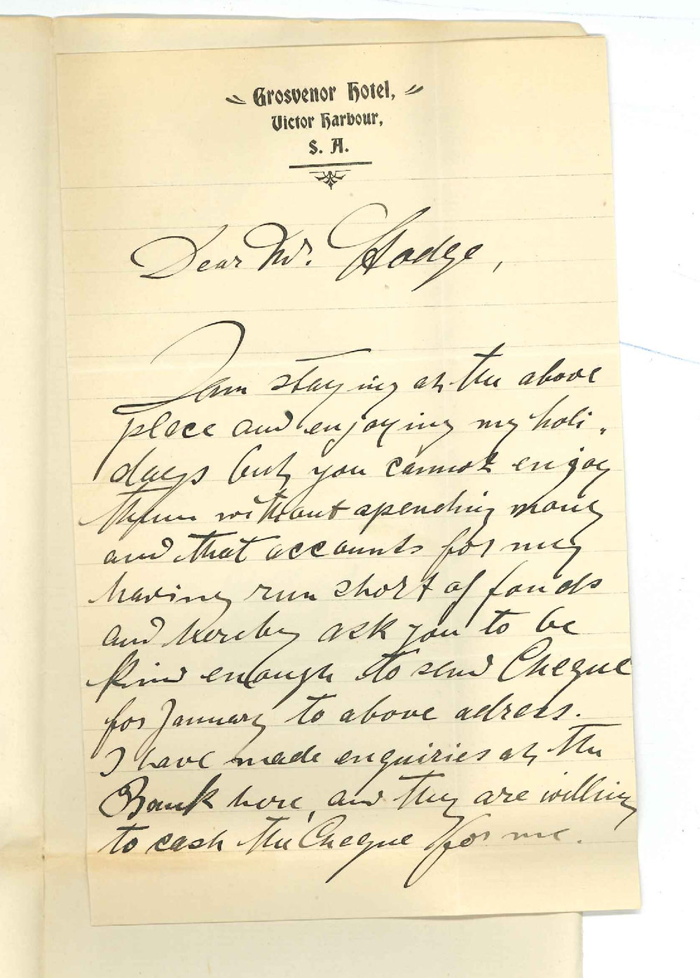 Herr Heinicke - Victor Harbour - Requesting cheque for January may be forwarded on to him