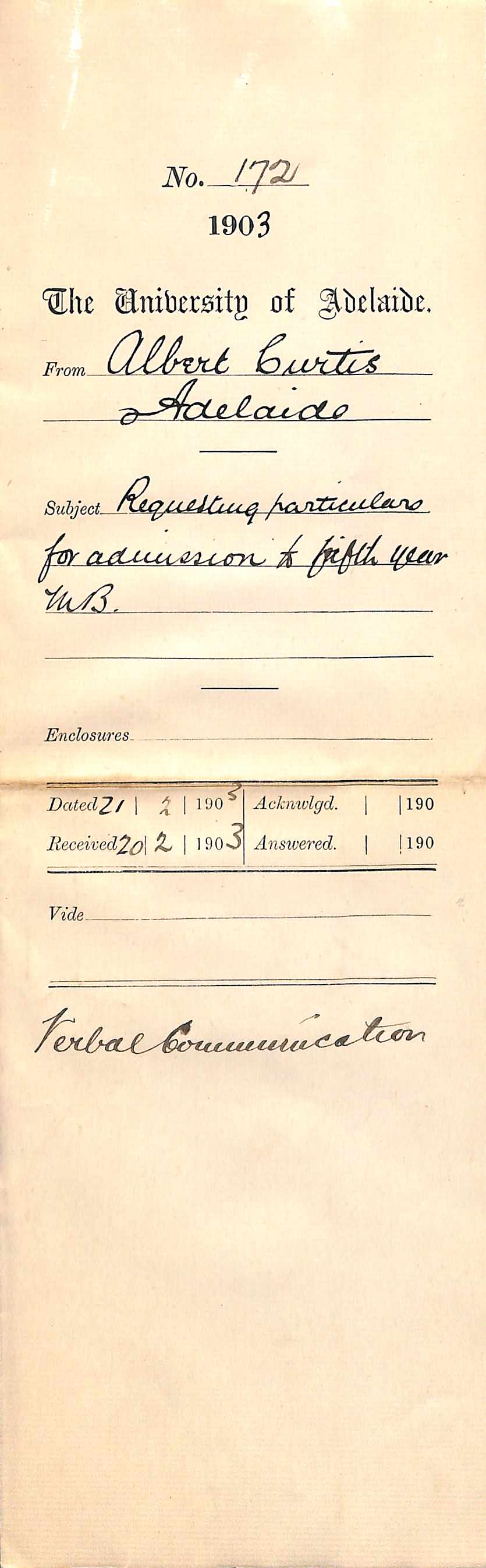 Albert Curtis - Adelaide - Requesting particulars for admission to fifth year MB