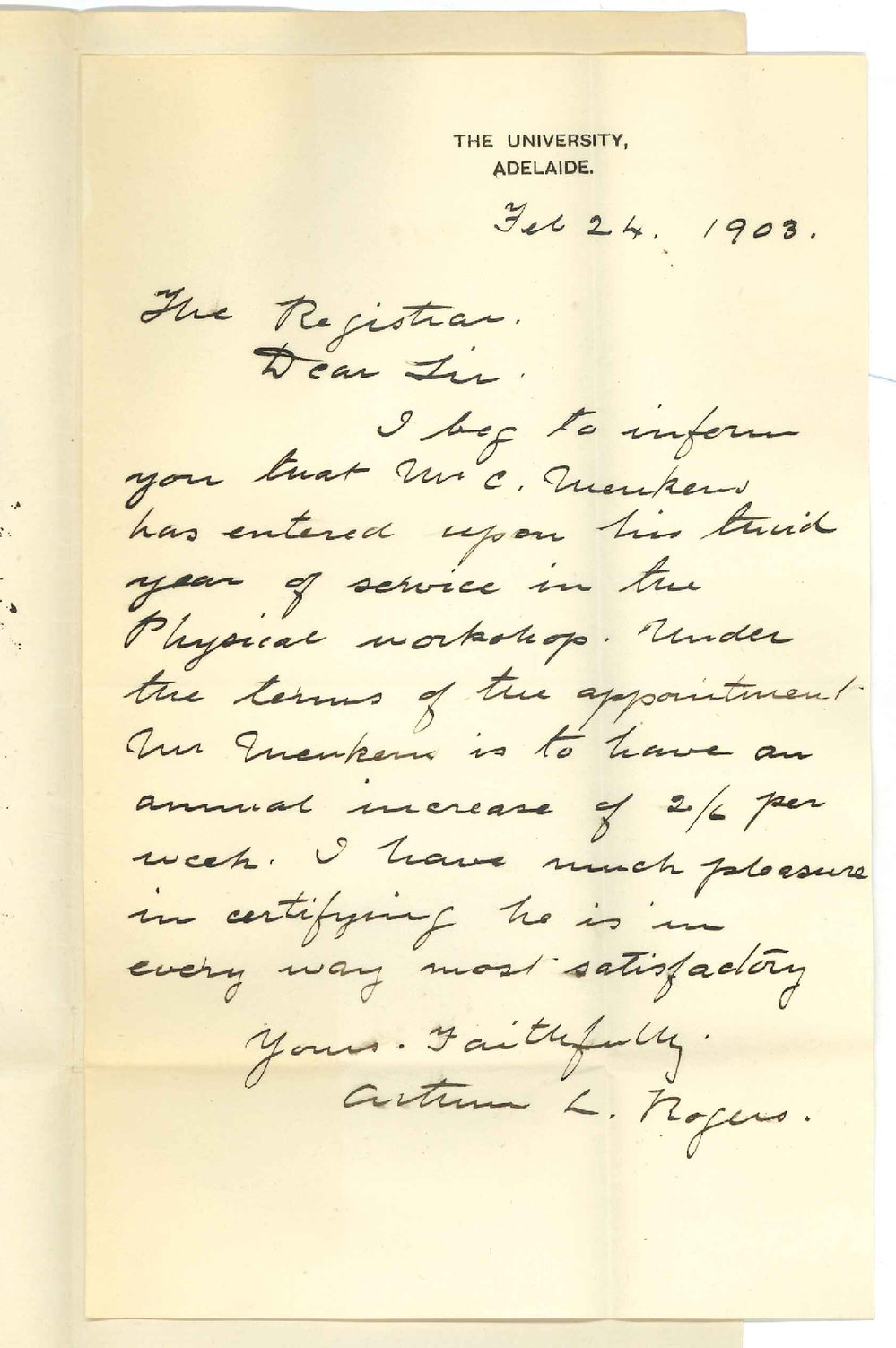 Arthur L Rogers - Adelaide - Report regarding Workshop Assistant