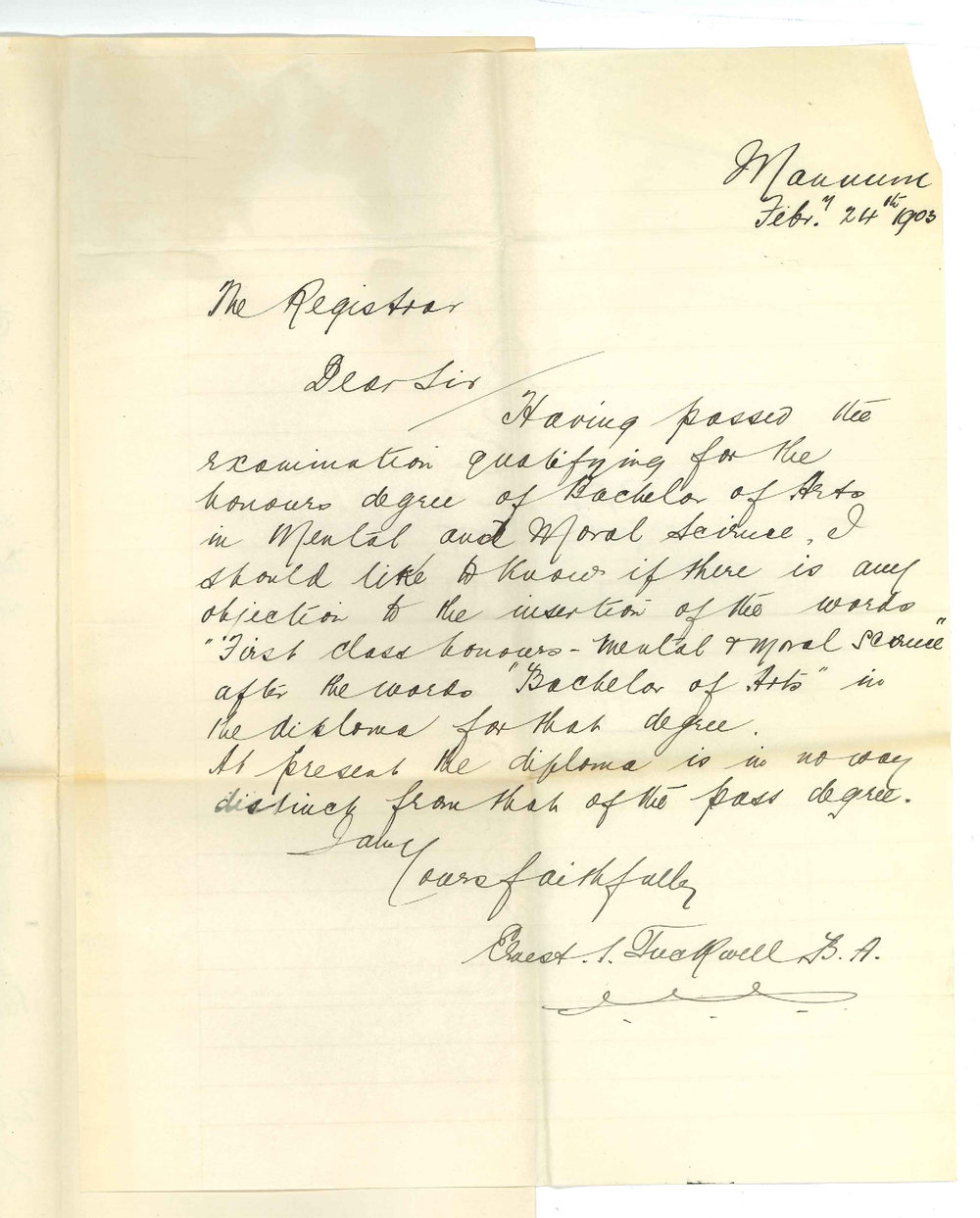 Ernest S Tuckwell - Mannum - Asking that the words First Class Honours etc may be added to Degree Diploma