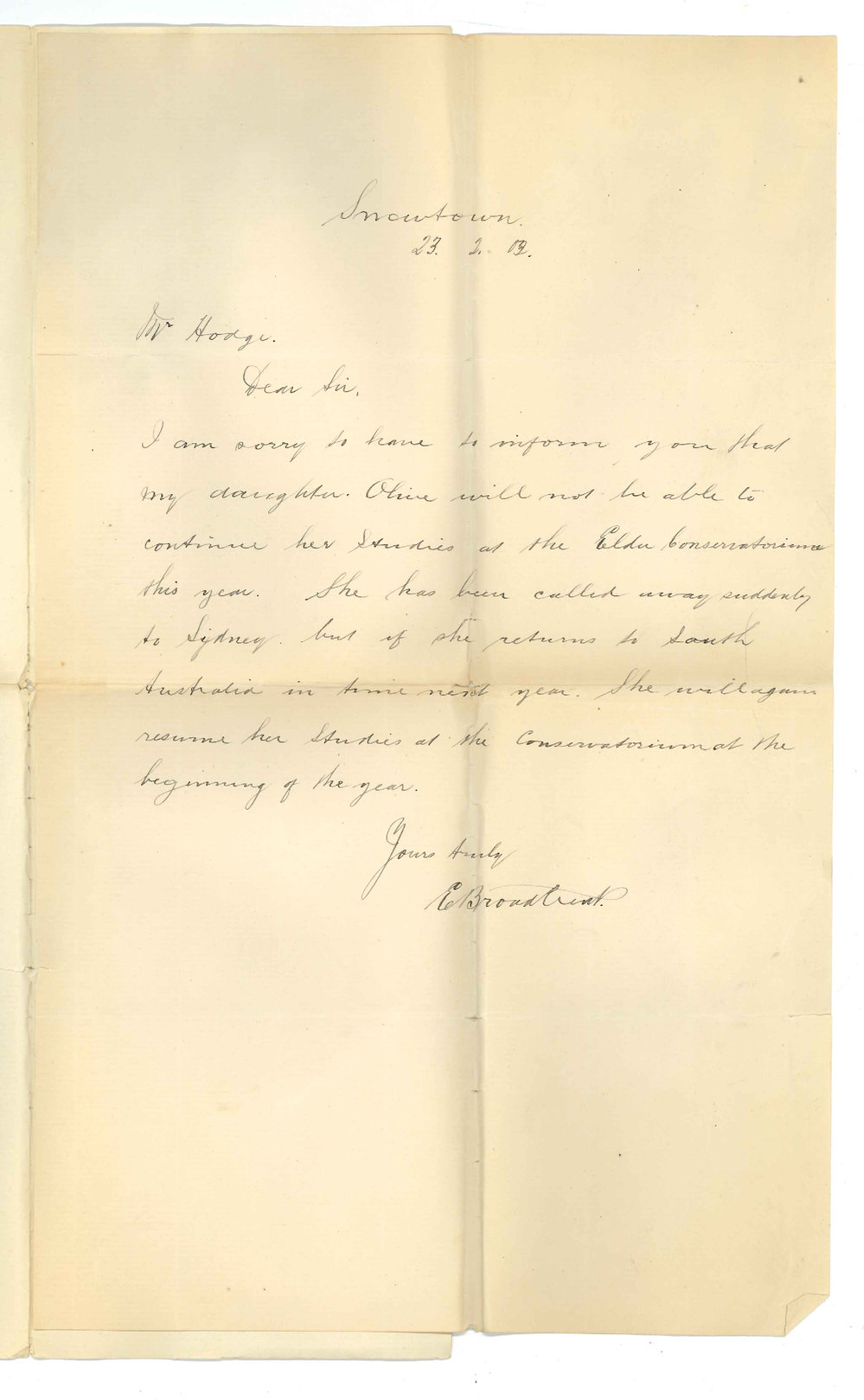 E Broadbent - Snowtown - Daughter discontinues at Conservatorium