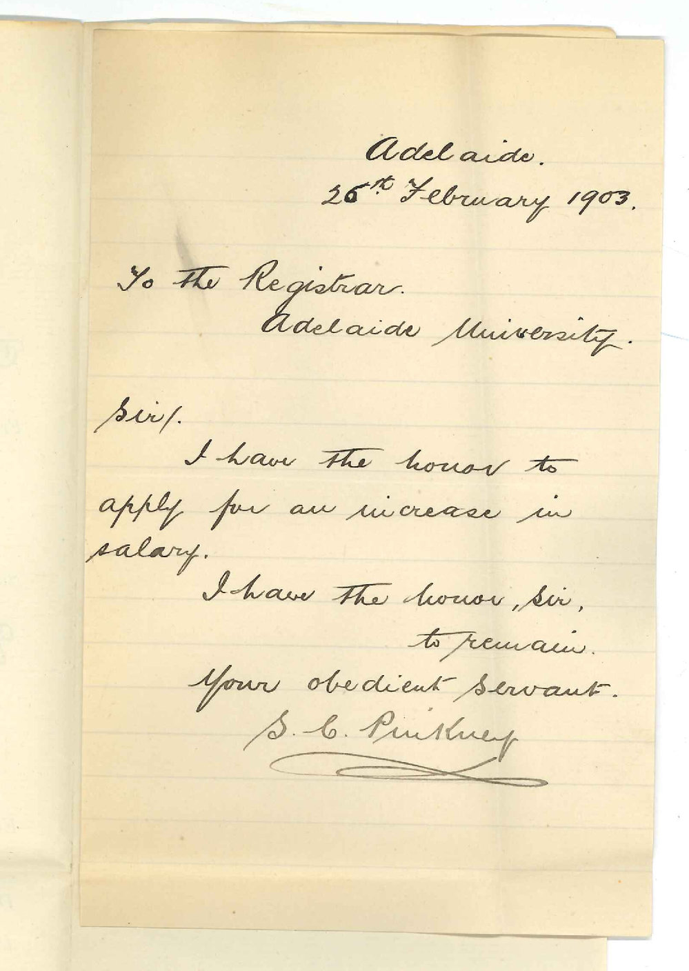 S C Pinkney - Adelaide - Requesting increase of Salary