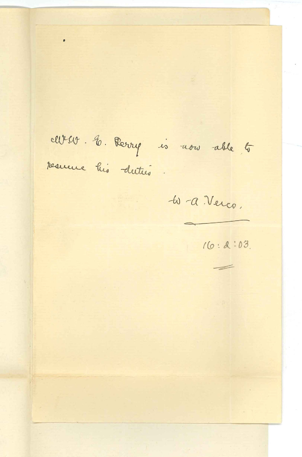 W E Perry - Adelaide - Doctors Certificate to resume duties