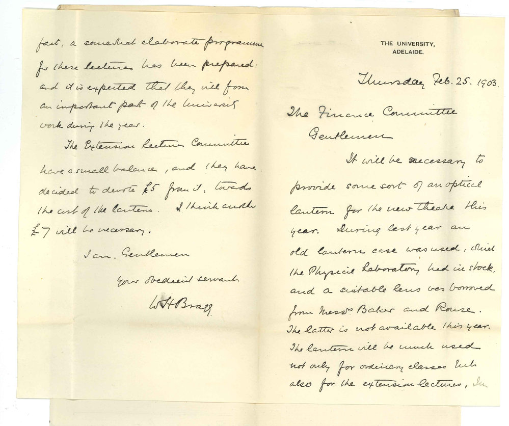 Professor William Henry Bragg - The University - Requesting a lantern for new Theatre