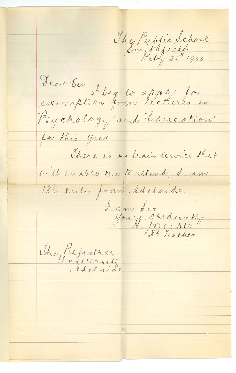 H J Deeble - Smithfield - Exemption from attendance at lectures