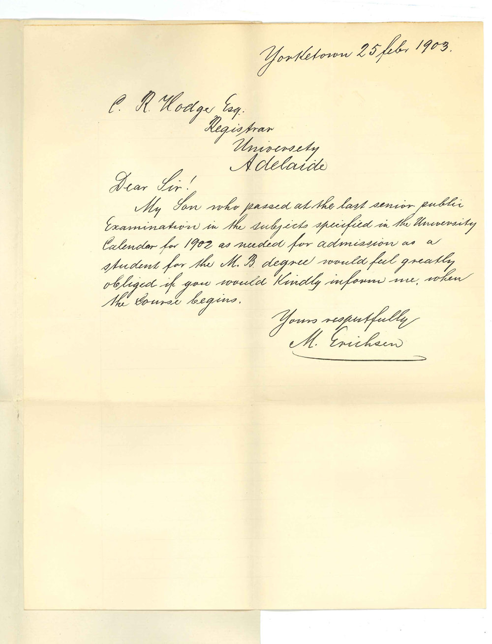 M Erichsen - Yorketown - Request information of Medical Course