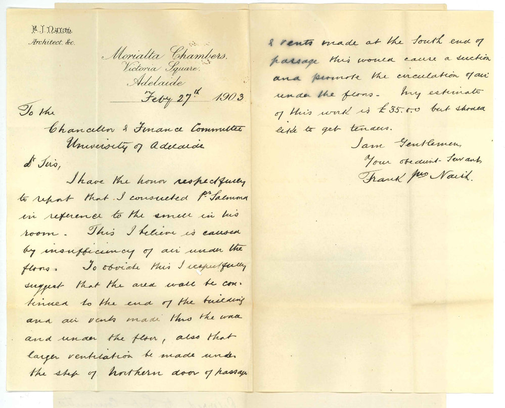 Frank James Naish - Adelaide - Report concerning ventilation of floor of New Buildings