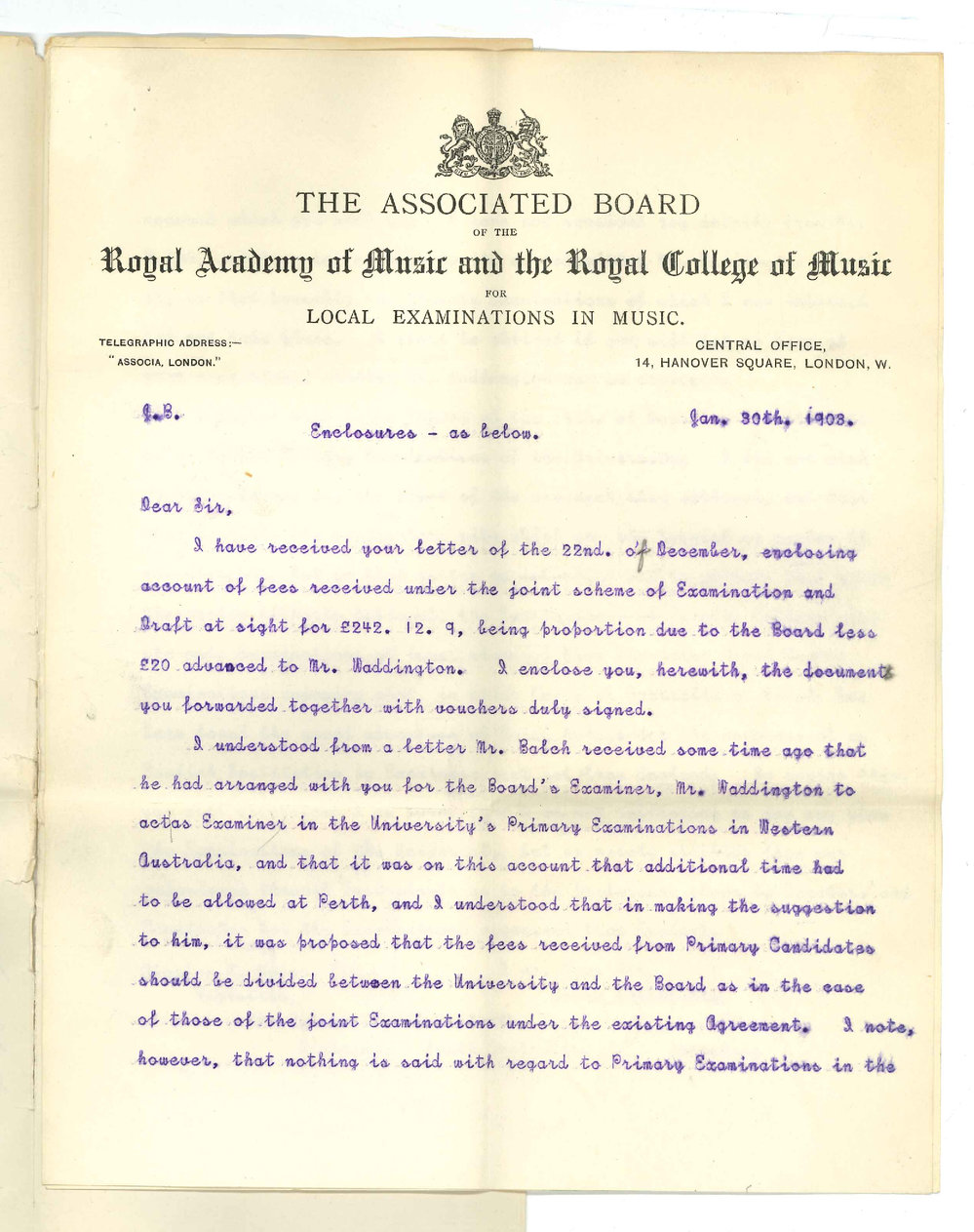 James Muir - Secretary - The Associated Board - London - Forwarding receipt for draft and regarding Primary Exam in Perth conducted by Mr Waddington