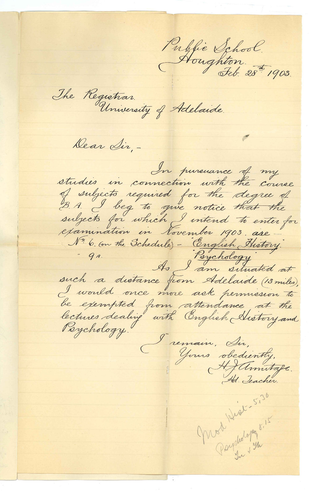 Henry James Armitage - Houghton - Exemption attendance at Lectures