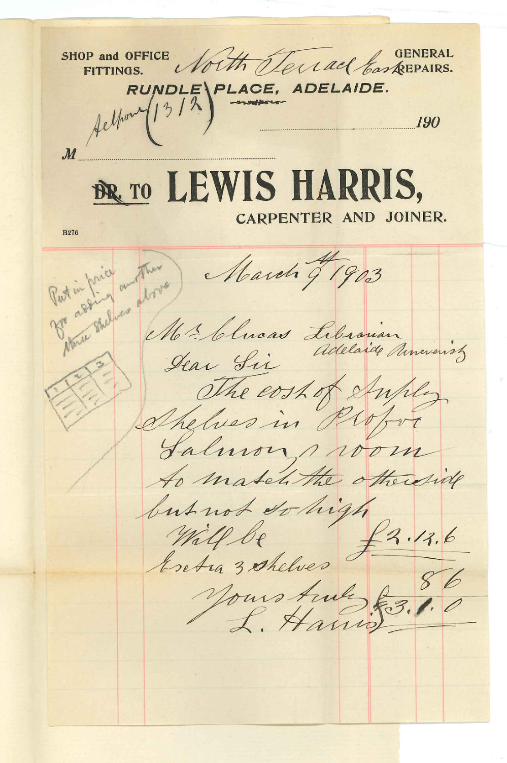 Lewis Harris - Adelaide - Price for shelving in Professor Salmond's room