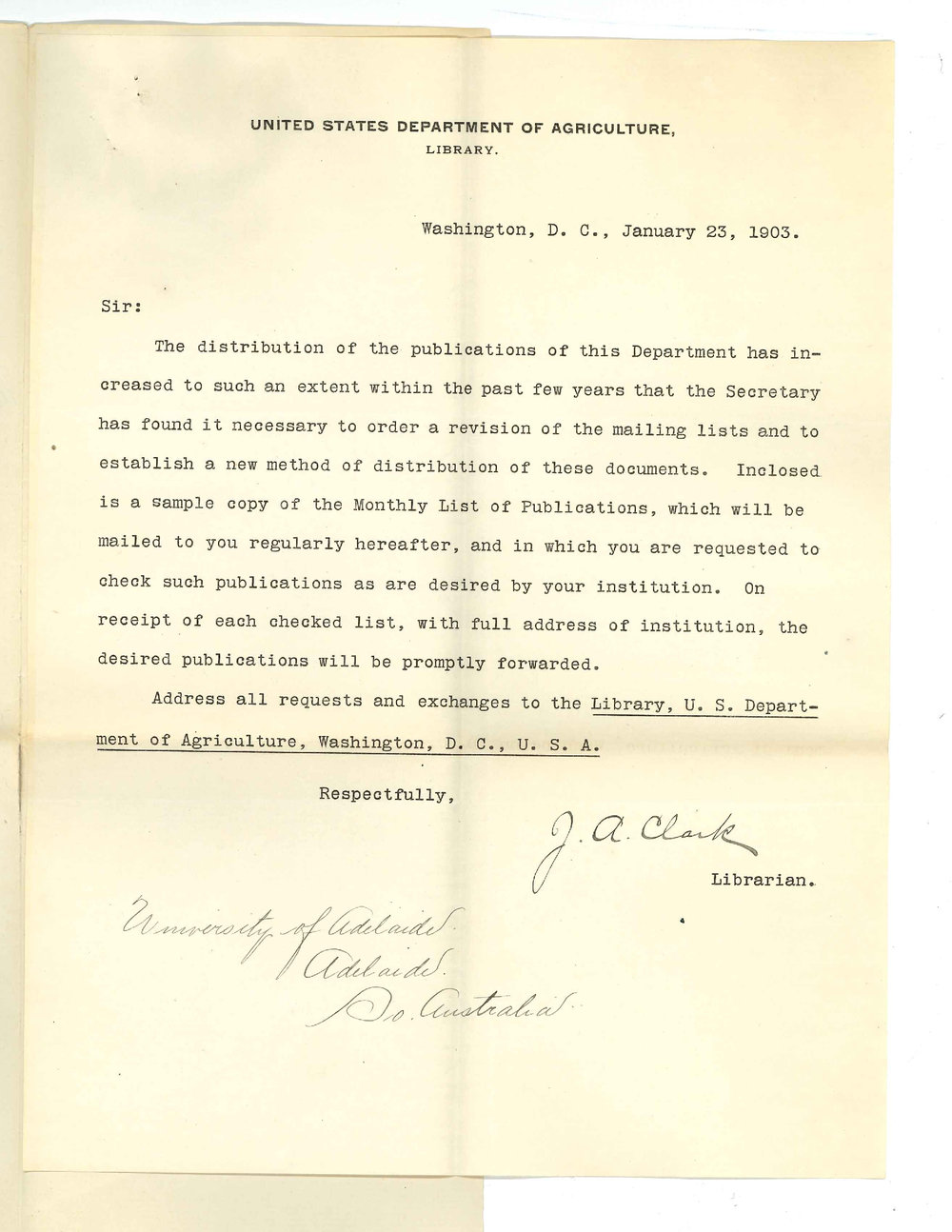 J A Clark - Librarian - United States Department of Agriculture - Washington - Concerning the issuing of their publications
