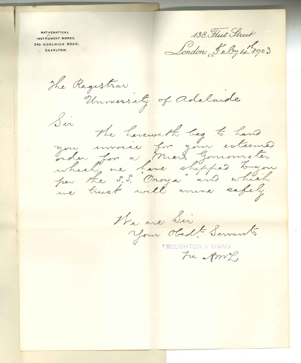 Troughton and Simms - London - Invoice for goods ordered and shipped per SS Oroya
