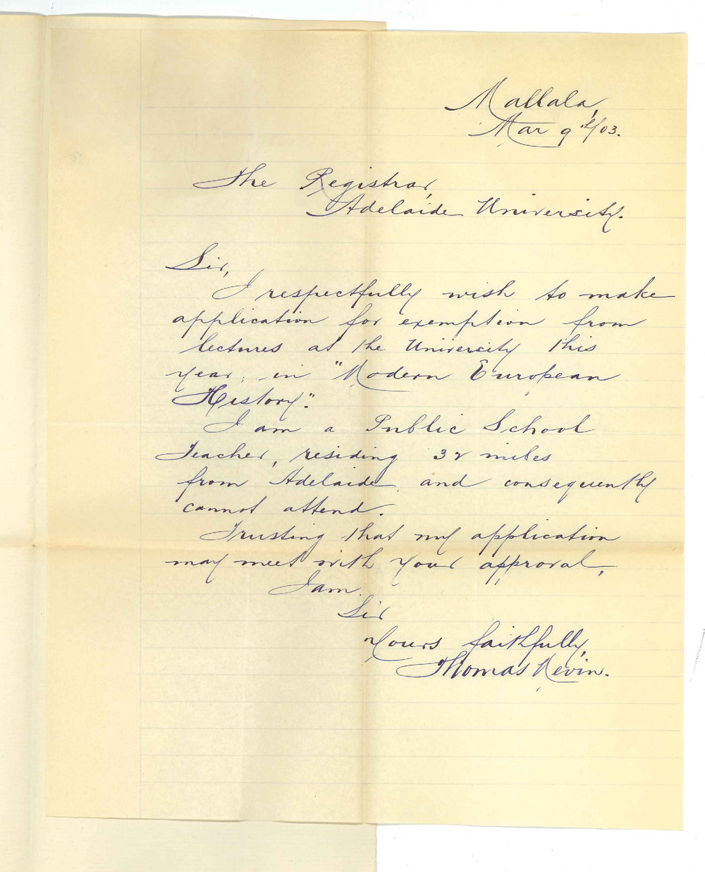 Thomas Nevin - Mallala - Exemption from attendance at lectures