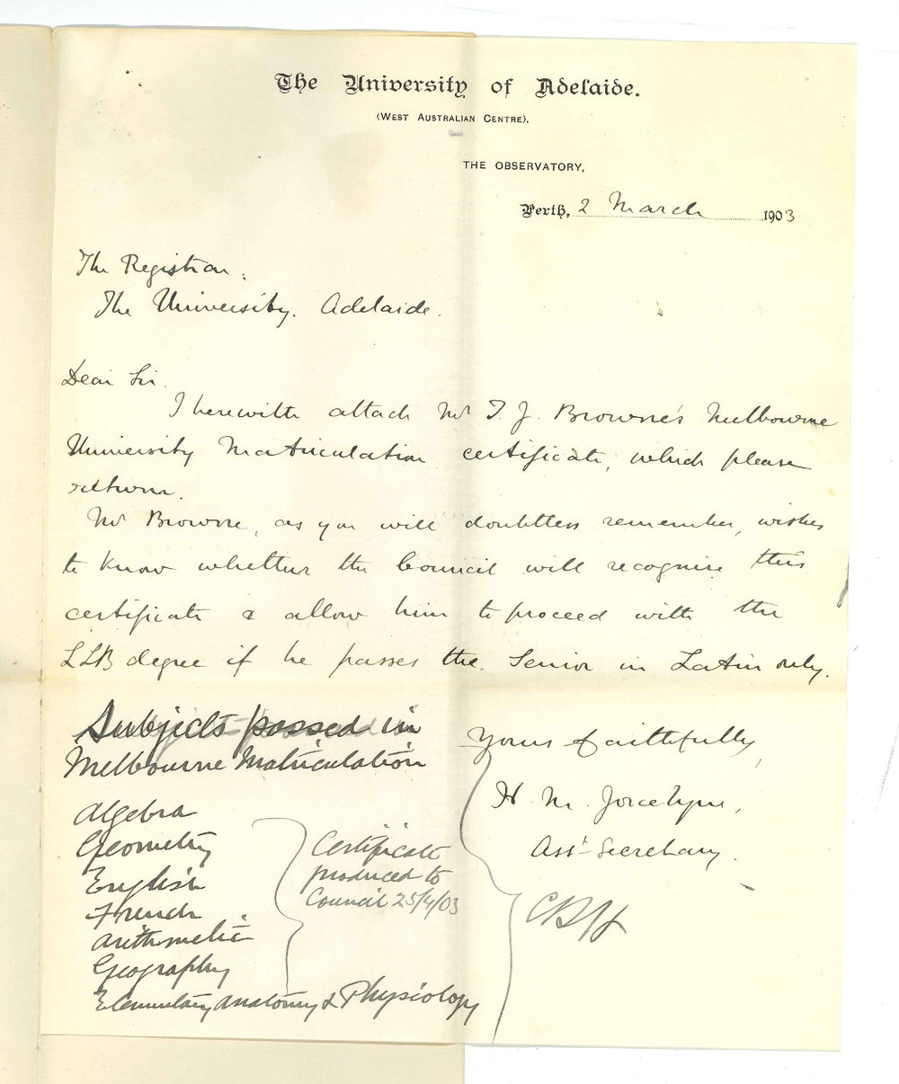 Henry Maurice Joscelyne - Perth WA - Forwarding M J J Browne&acirc;s Melbourne University Matriculation Certificate