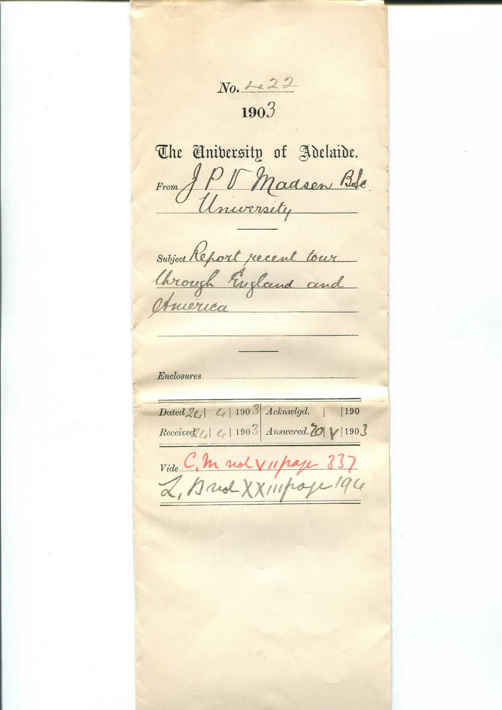 J P V Madsen BSc - The University - Report recent tour through England and America