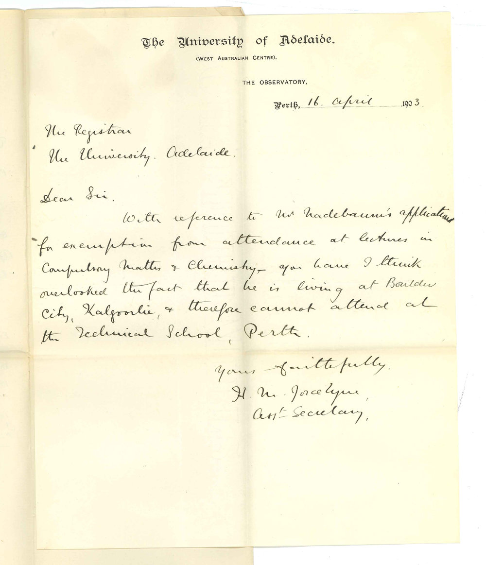 Henry Maurice Joscelyne - Perth WA - Regarding Mr Nadebaums application for Exemption attendance lectures