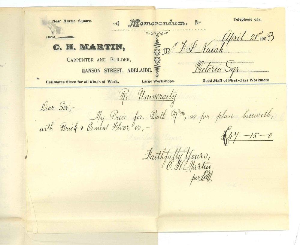 C H Martin - Adelaide - Price for Bathroom and extension of Bike Shed