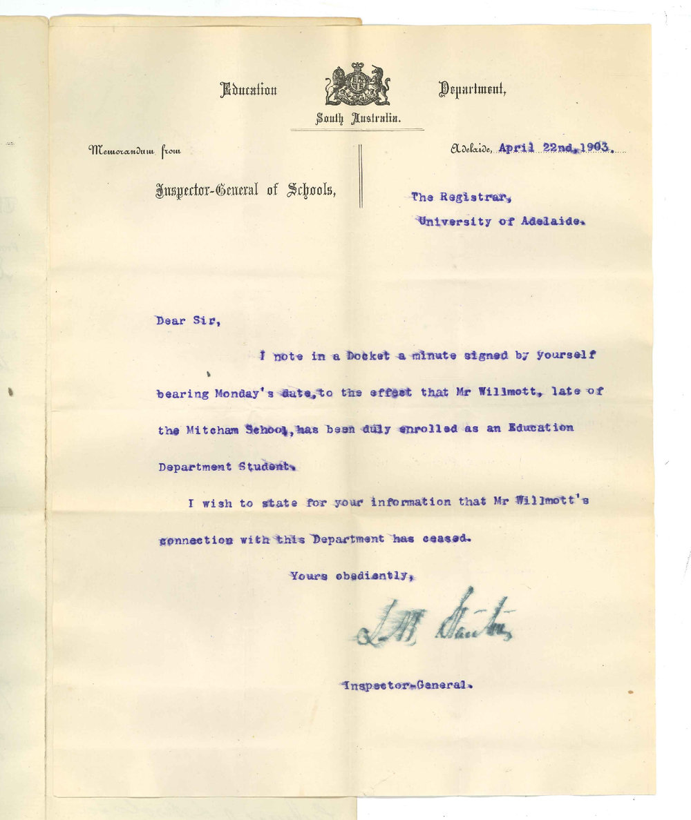 L W Stanton - Inspector General of Schools - Transfer Mr Willmott to School of Mines