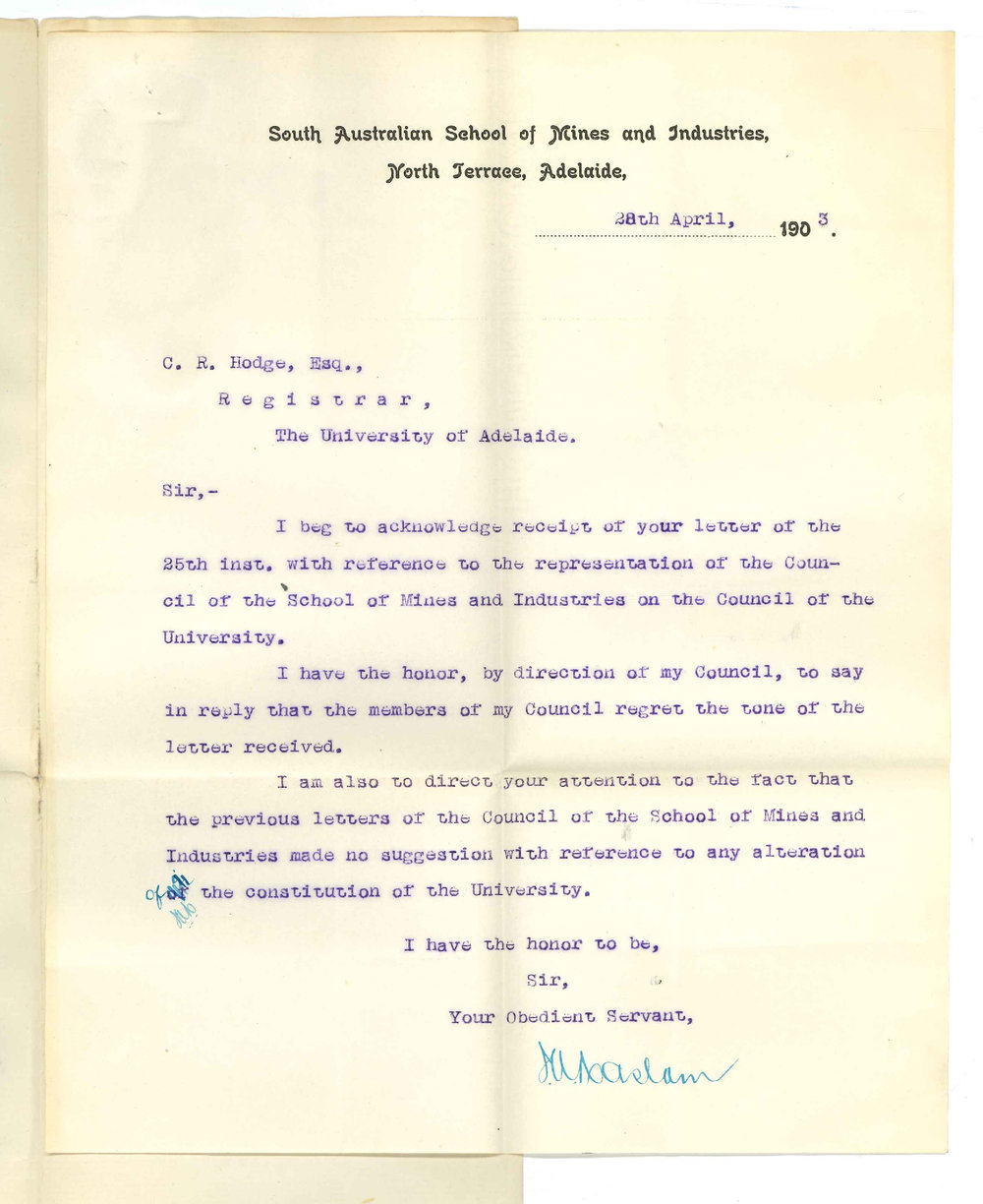 J A Haslam - Registrar - South Australian School of Mines and Industries - Adelaide - Representation on University Council