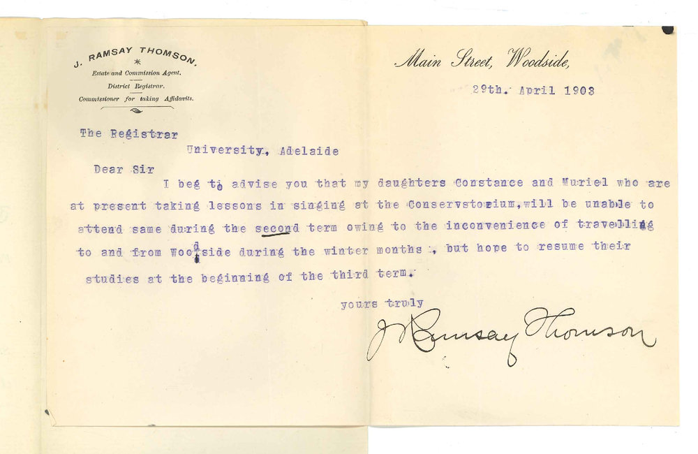 J Ramsay Thomson - Woodside - Daughters discontinuing at Conservatorium during 2nd Term