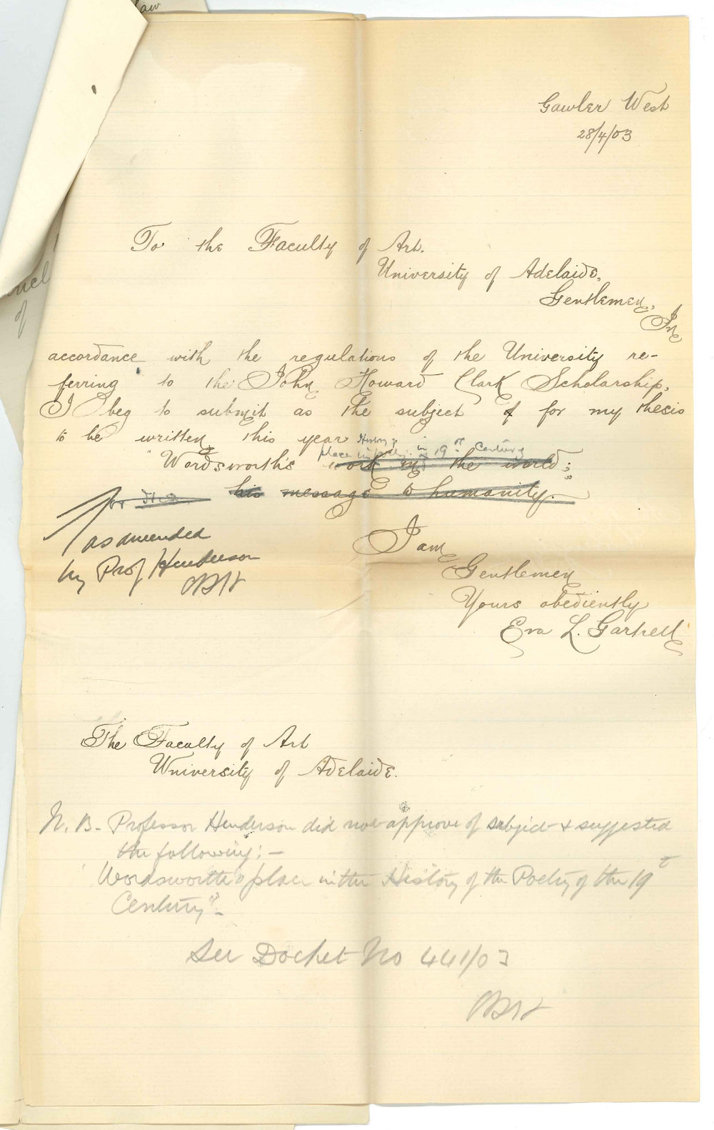 Miss E L Gartrell - Gawler West - Submitting subject for John Howard Clark Scholarship Thesis