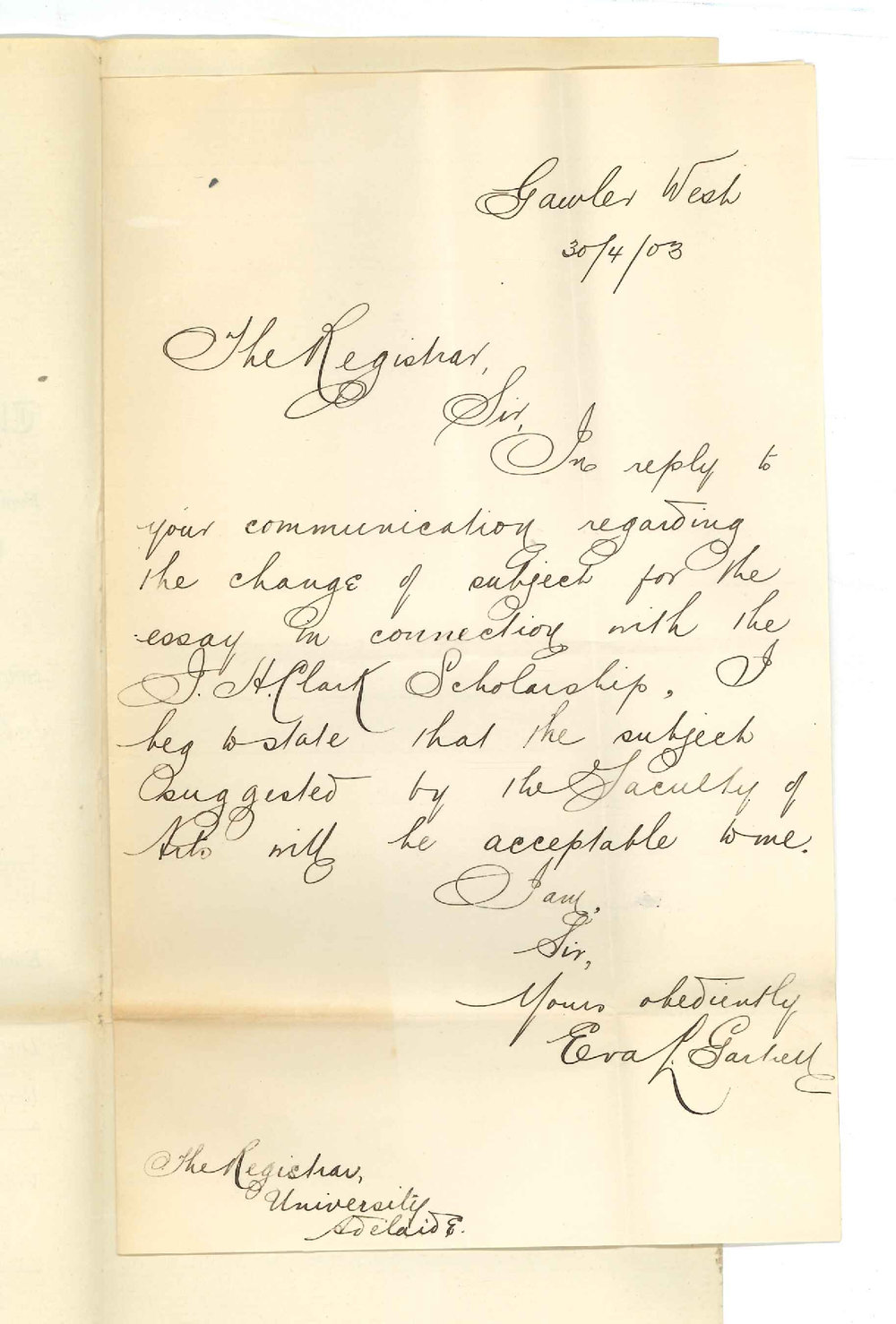 Miss E L Gartrell - Gawler West - Subject for J H Clark Scholarship Thesis