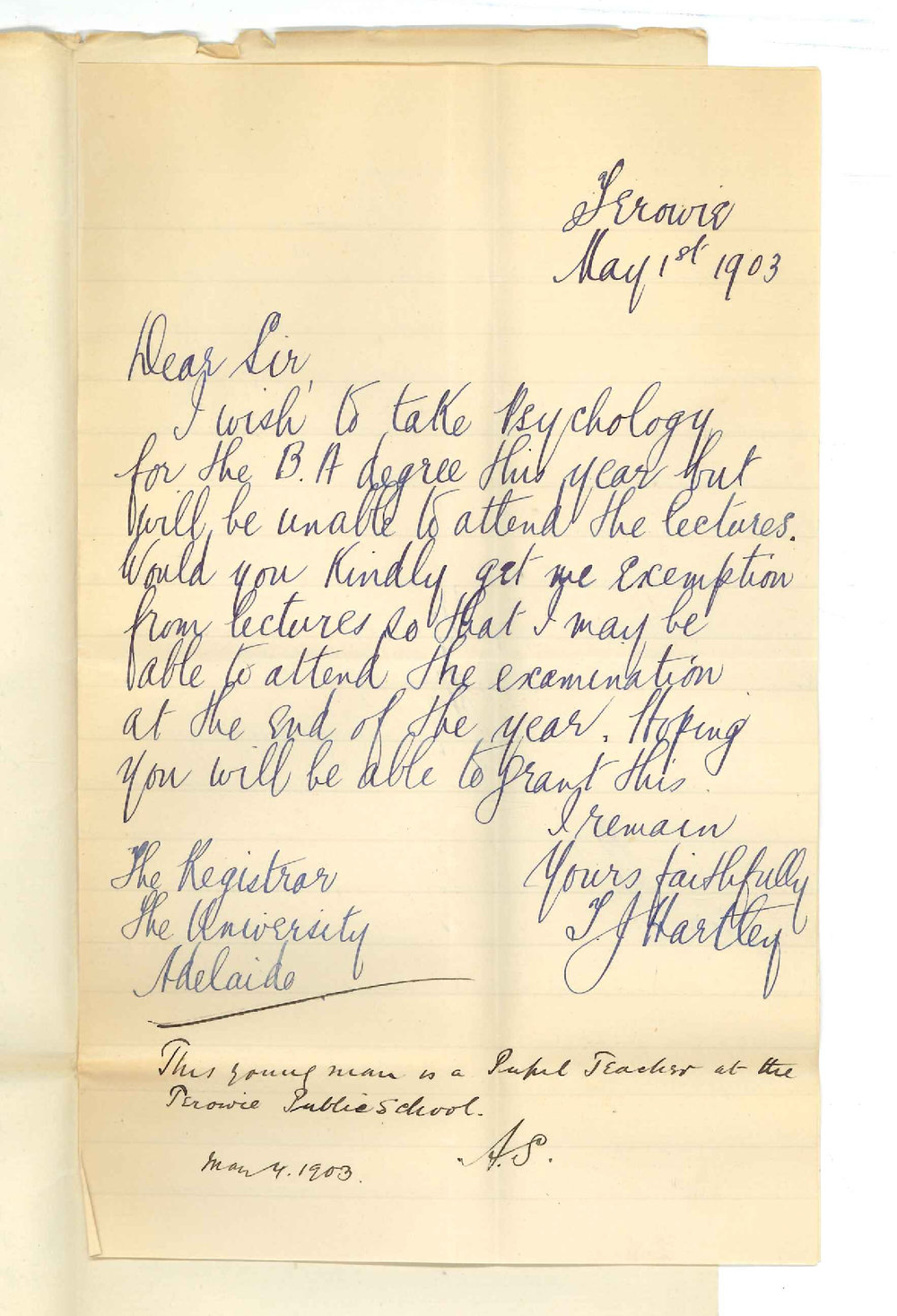 T J Hartley - Terowie - Exemption from attendance at lectures