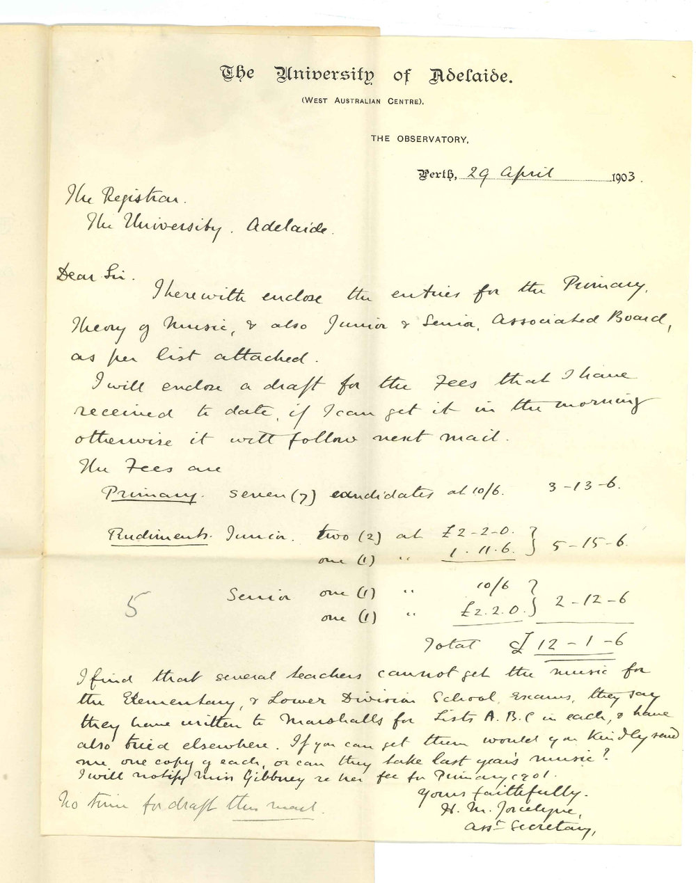 Henry Maurice Joscelyne - Perth WA - Forwards Entries for Primary Theory and Junior Senior Practice of Music Exams and re Music for School Exams