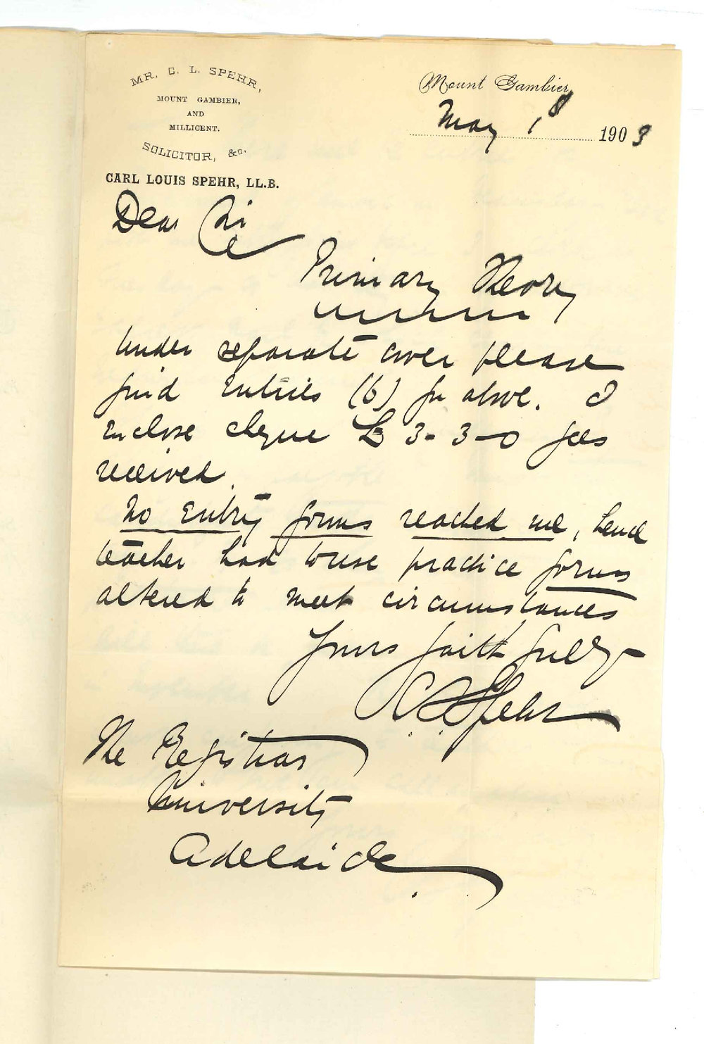 Carl Louis Spehr LLB - Mount Gambier - Entries for Primary Theory Requesting Rudiments Entry Forms and information of the Exam