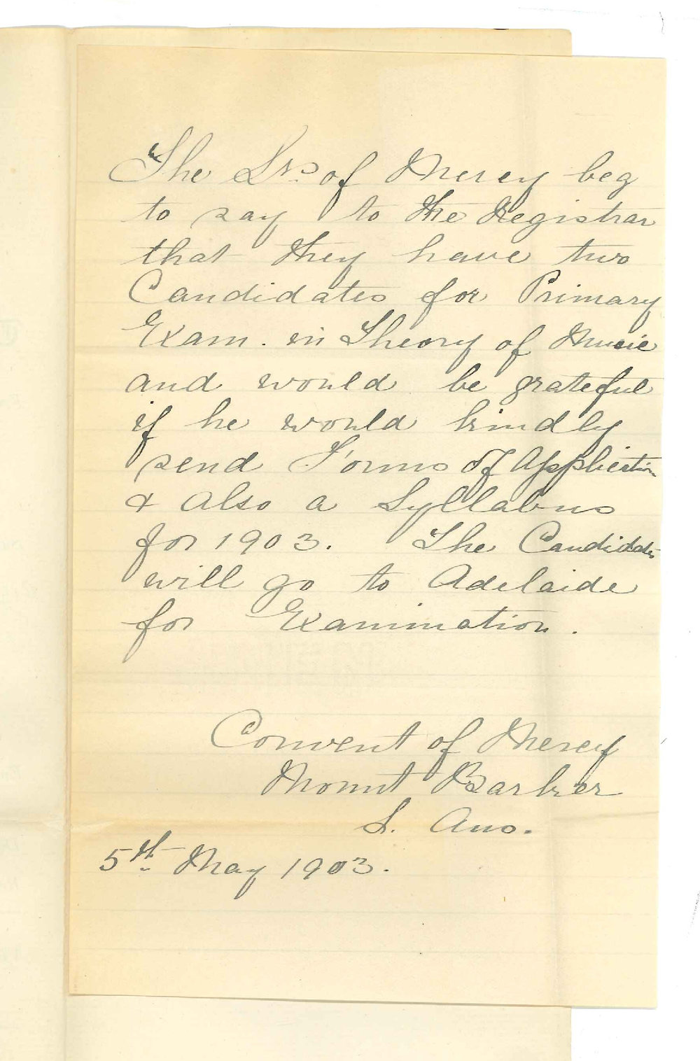 Convent of Mercy - Mount Barker - Requesting Forms of Entry and Syllabus of Music Exams