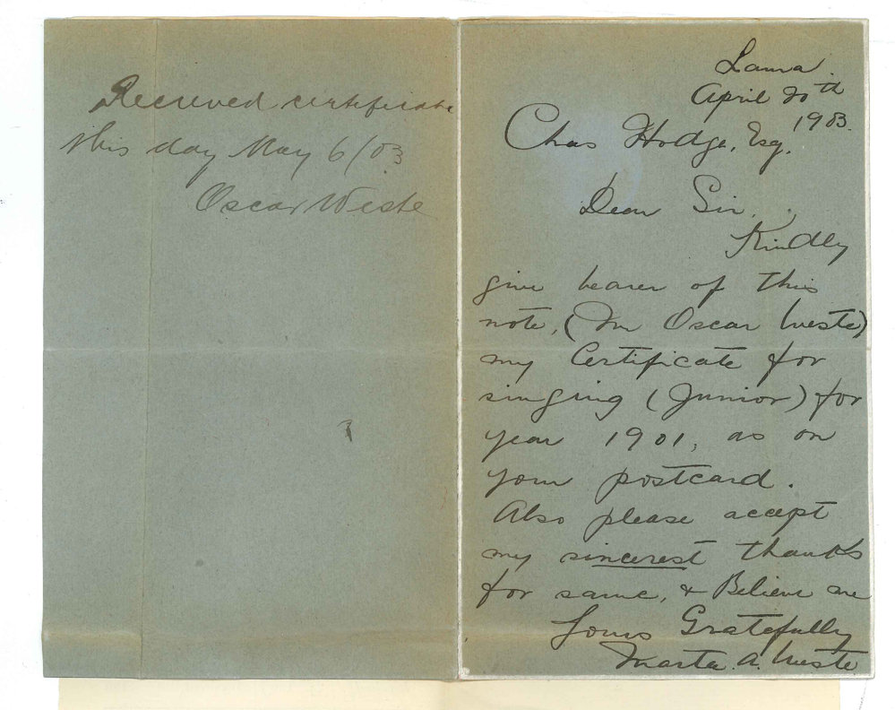 Miss Marta A Weste - Laura - Requesting Certificate be delivered to Mr O Weste