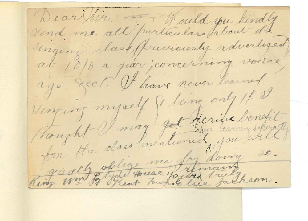 Miss Elsie Jackson - Kent Town - Request particulars of Singing Class